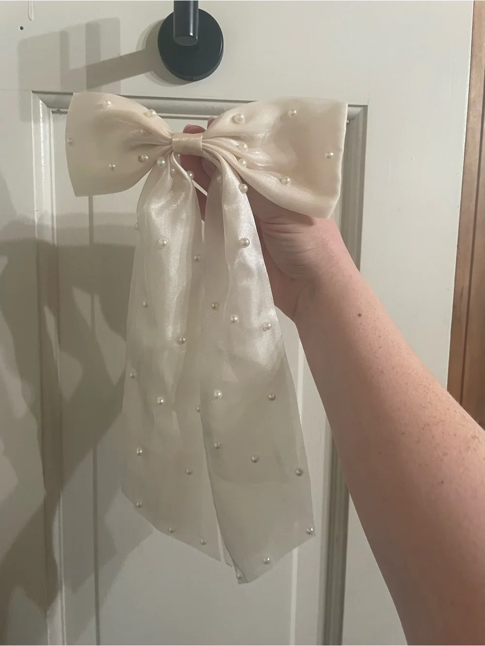Pearl-Embellished Iridescent Ivory Bow Hair Clip